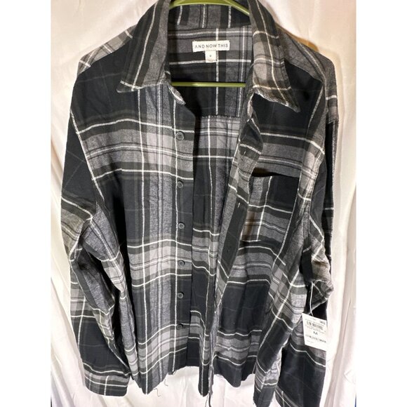 And Now This Mens Flannel Plaid Button-Down Shirt, Black/White, Size M, NWT - Picture 2 of 5